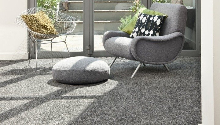 Lounge area with gray carpet flooring