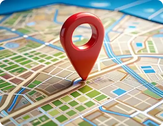 Detailed image of a digital map with a red location pin marker, illustrating navigation and location services.