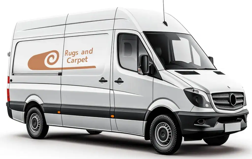 High-quality rugs and carpets delivery vehicle with Rugs and Carpet branding.