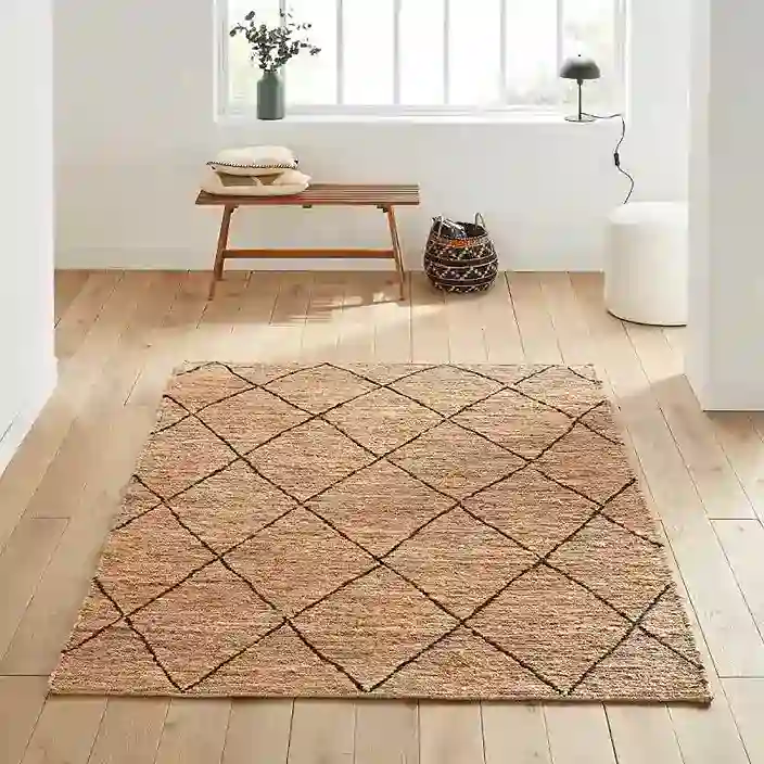 Vegan wool flatweave rug with geometric pattern in neutral tones beautiful beige decor piece.